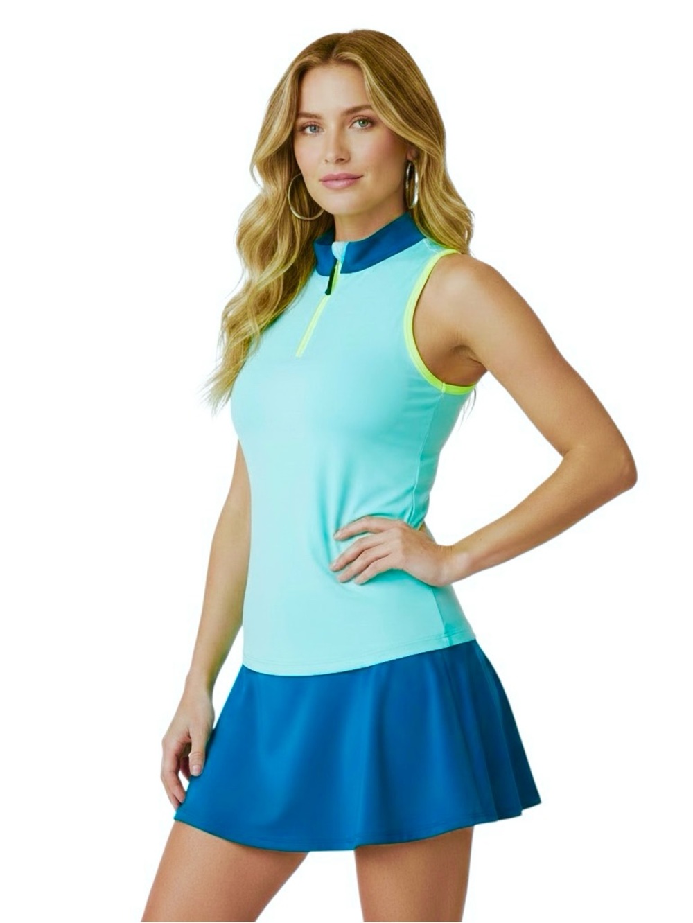Zelos Top Turquoise Sleeveless Mock Neck 3/4 Zip Racerback Sz XL NEW